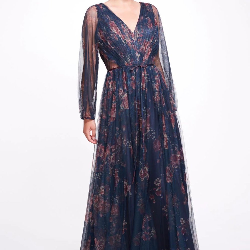 Marchesa - Blue Floral Tulle Gown with Sheer Long Sleeves